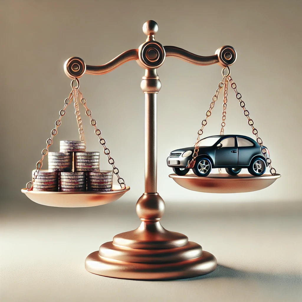 A scale with money on one side and a car on the other, symbolising the need to balance cost and coverage.